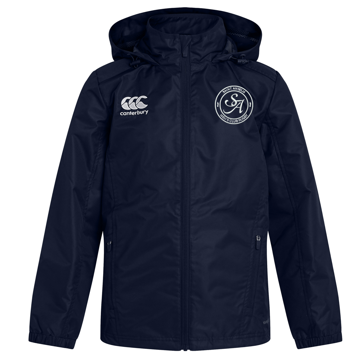 The Saint Anselm College Club Rugby Vaposhield Full Zip Rain Jacket by EMB Canterbury is a navy blue, water-resistant jacket featuring the Canterbury logo on the right chest and a circular emblem on the left for all-weather comfort.