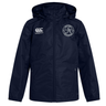 The Saint Anselm College Club Rugby Vaposhield Full Zip Rain Jacket by EMB Canterbury is a navy blue, water-resistant jacket featuring the Canterbury logo on the right chest and a circular emblem on the left for all-weather comfort.