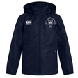 Stay dry and comfortable in the New Saint Andrews College Club Vaposhield Full Zip Rain Jacket by EMB Canterbury. This navy blue, water-resistant jacket features a hood, front zipper, and two chest logos: “Canterbury” on the left and “New Saint Andrews RFC” with crest on the right.