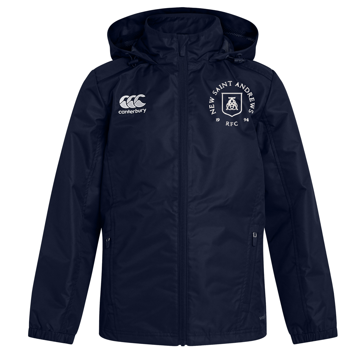 Stay dry and comfortable in the New Saint Andrews College Club Vaposhield Full Zip Rain Jacket by EMB Canterbury. This navy blue, water-resistant jacket features a hood, front zipper, and two chest logos: “Canterbury” on the left and “New Saint Andrews RFC” with crest on the right.