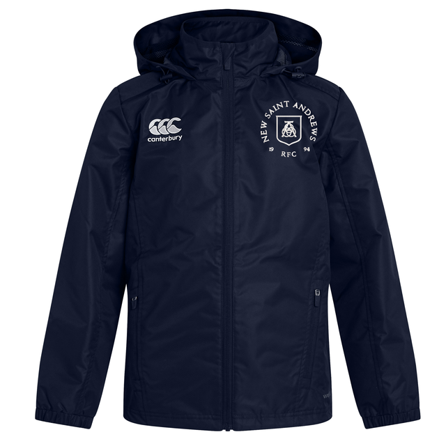 Stay dry and comfortable in the New Saint Andrews College Club Vaposhield Full Zip Rain Jacket by EMB Canterbury. This navy blue, water-resistant jacket features a hood, front zipper, and two chest logos: “Canterbury” on the left and “New Saint Andrews RFC” with crest on the right.