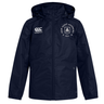 Stay dry and comfortable in the New Saint Andrews College Club Vaposhield Full Zip Rain Jacket by EMB Canterbury. This navy blue, water-resistant jacket features a hood, front zipper, and two chest logos: “Canterbury” on the left and “New Saint Andrews RFC” with crest on the right.
