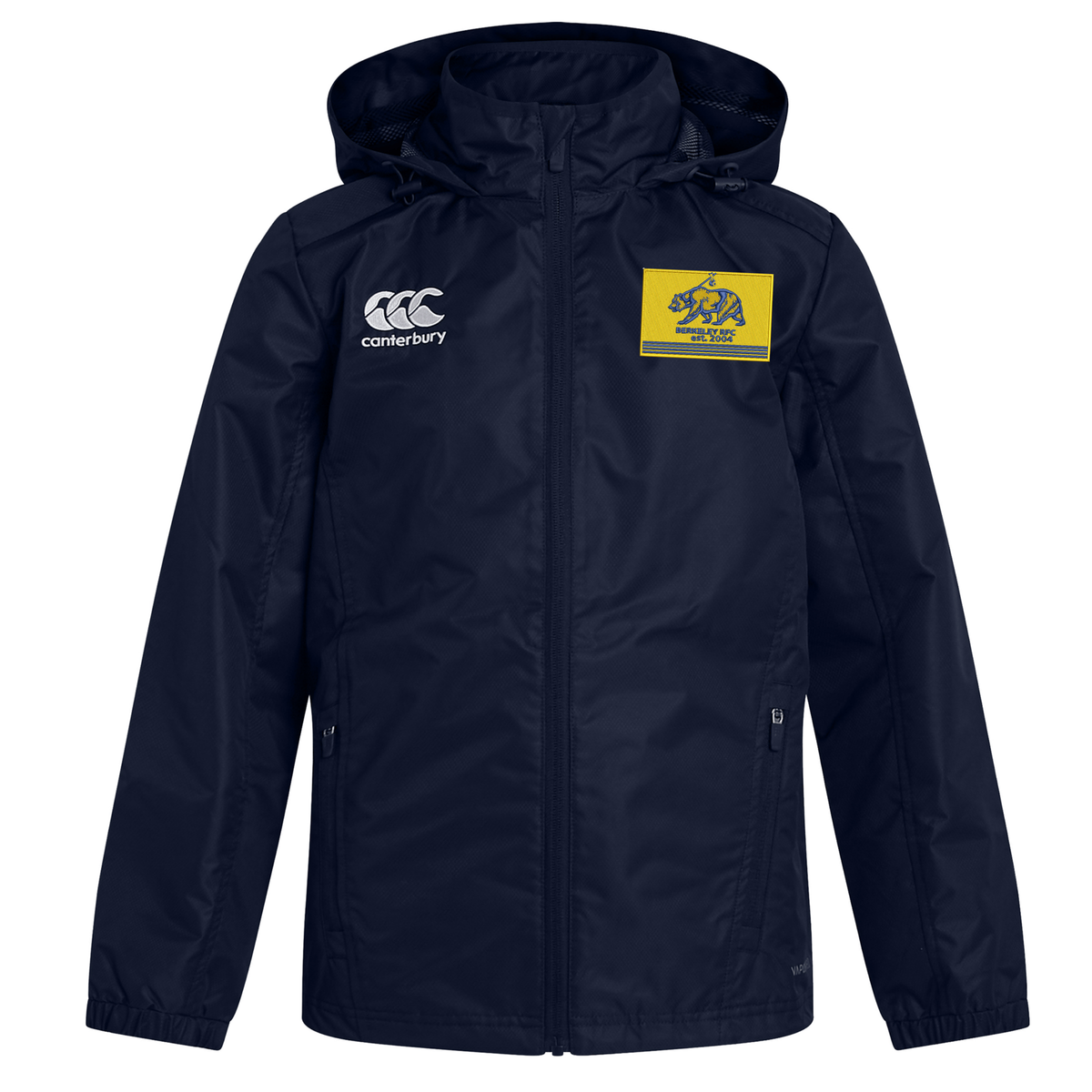 Navy blue Berkeley RFC Club Vaposhield Full Zip Rain Jacket by Canterbury featuring a hood, full zipper, right chest logo, and a yellow rugby team patch on the left chest.
