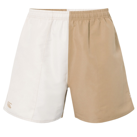 The Canterbury Fundamental Harlequin Drill 3" Shorts feature a split design—half white, half tan—bringing a modern edge to classic cotton rugby shorts, shown against a plain background.