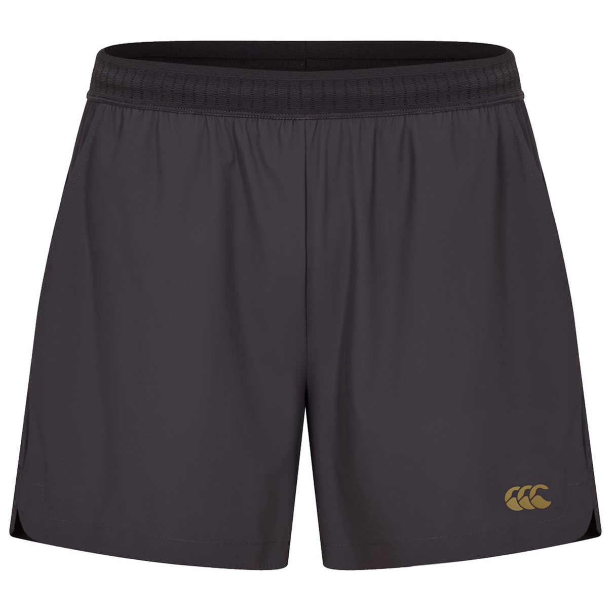 The Everest Woven Shorts by Canterbury are black rugby shorts featuring an elastic waistband and a gold Canterbury logo on the lower left leg.