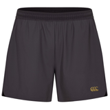 The Everest Woven Shorts by Canterbury are black rugby shorts featuring an elastic waistband and a gold Canterbury logo on the lower left leg.