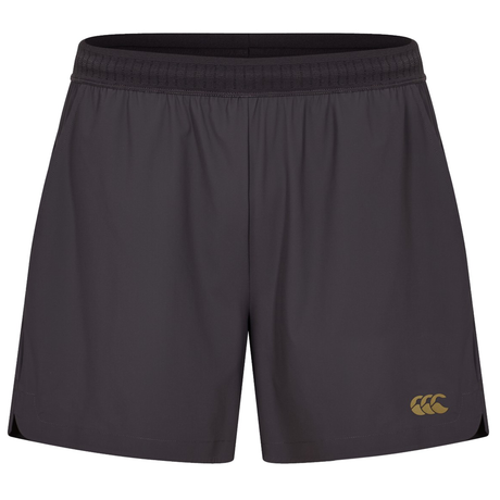 The Everest Woven Shorts by Canterbury are black rugby shorts featuring an elastic waistband and a gold Canterbury logo on the lower left leg.