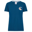 The Canterbury Women's Uglies Logo T-Shirt features short sleeves and a small beige and pink "C" logo on the left chest—a stylish blue tee ideal for fans of women's rugby apparel.