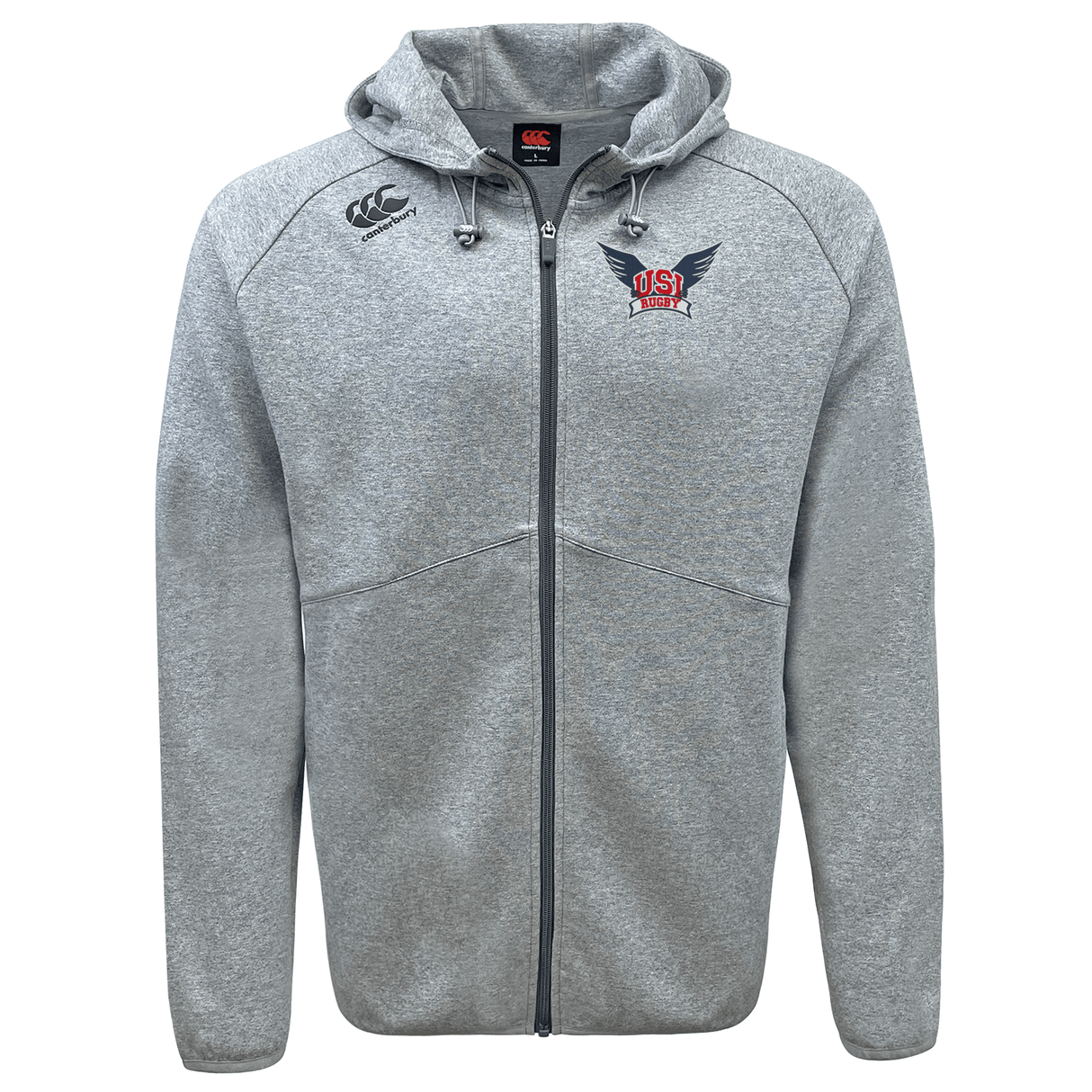 A grey University of Southern Indiana Tempo Vapodri Full-Zip Hoodie by Canterbury with a hood, featuring moisture-wicking fabric, a logo with "USI" and a winged design on the left chest, and EMB Canterbury branding on the right chest.
