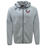 A grey University of Southern Indiana Tempo Vapodri Full-Zip Hoodie by Canterbury with a hood, featuring moisture-wicking fabric, a logo with "USI" and a winged design on the left chest, and EMB Canterbury branding on the right chest.