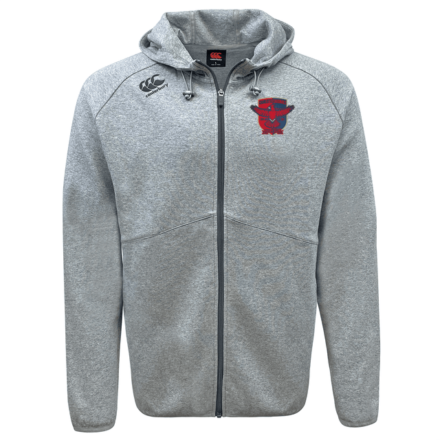 Charlotte Cardinals Rugby Club Tempo Vapodri Full-Zip Hoodie with EMB Canterbury branding and sports team logos on the chest.