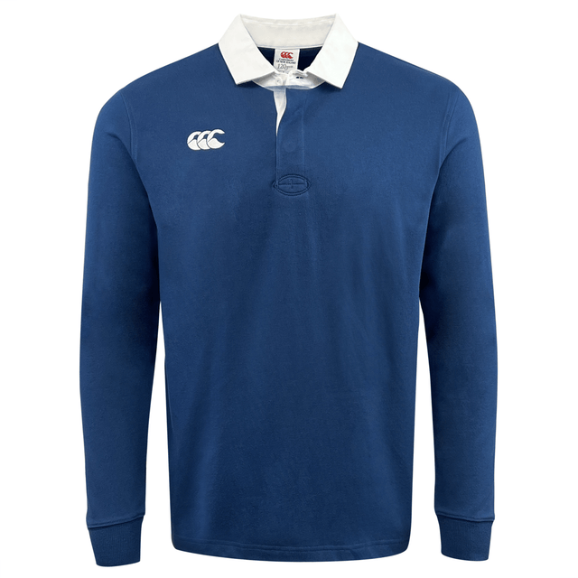 Canterbury blue cotton polyester rugby jersey with white collar and an embroidered CCC logo on the right chest.