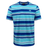 Discover the Canterbury Yarn Dye T-Shirt from Canterbury, a short-sleeved, classic crew neck tee with horizontal stripes in various shades of blue, white, and grey. This 100% cotton shirt features a small logo on the upper left chest.