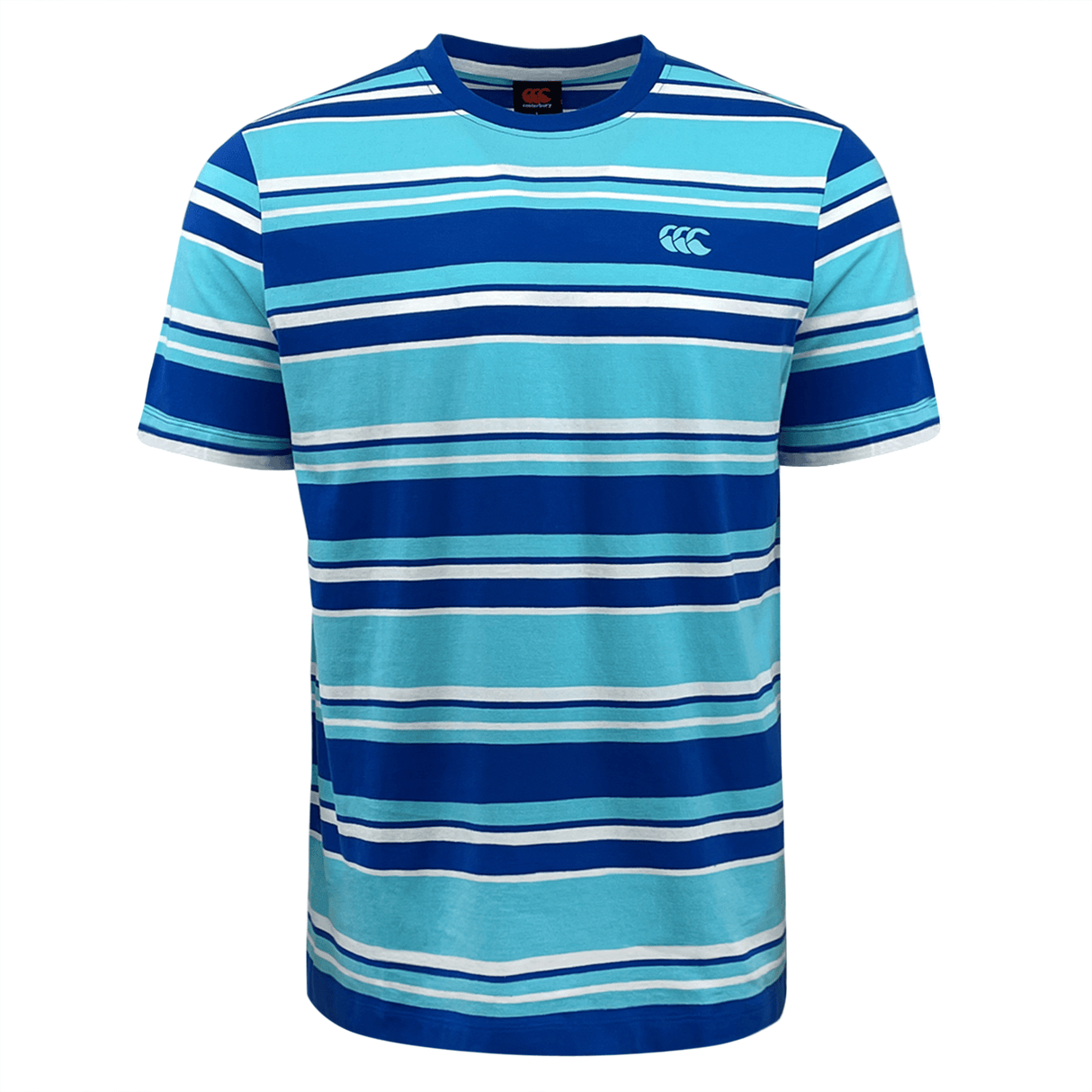 Discover the Canterbury Yarn Dye T-Shirt from Canterbury, a short-sleeved, classic crew neck tee with horizontal stripes in various shades of blue, white, and grey. This 100% cotton shirt features a small logo on the upper left chest.
