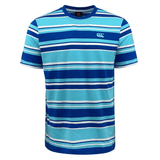 Discover the Canterbury Yarn Dye T-Shirt from Canterbury, a short-sleeved, classic crew neck tee with horizontal stripes in various shades of blue, white, and grey. This 100% cotton shirt features a small logo on the upper left chest.