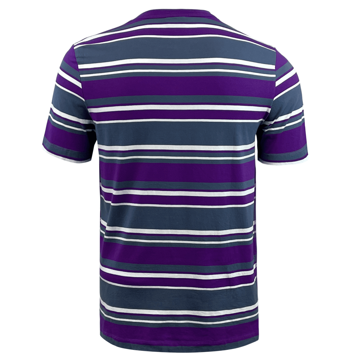 Back view of the Canterbury Yarn Dye T-Shirt by Canterbury, showcasing horizontal purple, blue, and white stripes. This classic crew neck design is made from 100% cotton.