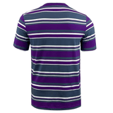 Back view of the Canterbury Yarn Dye T-Shirt by Canterbury, showcasing horizontal purple, blue, and white stripes. This classic crew neck design is made from 100% cotton.