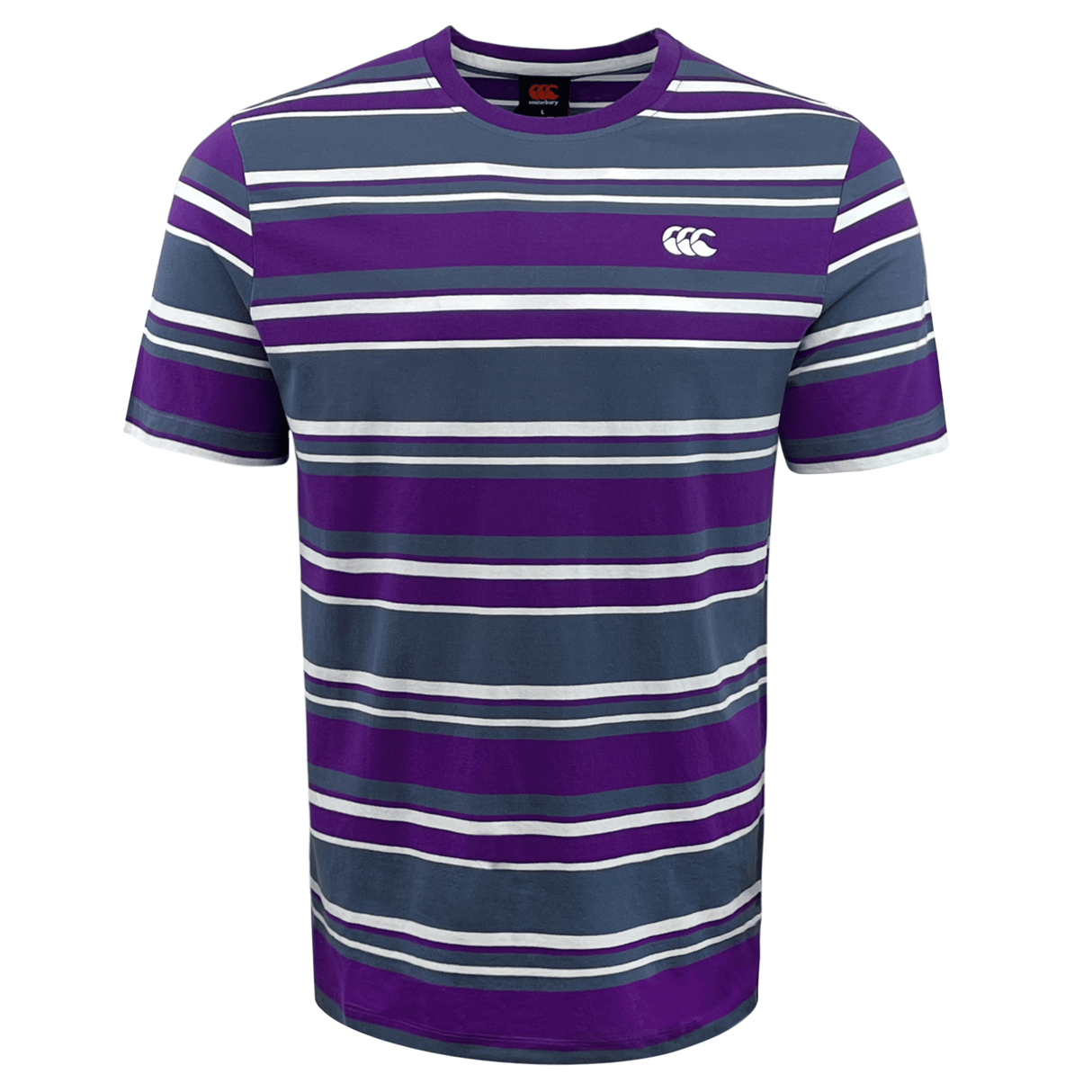 The Canterbury Yarn Dye T-Shirt by Canterbury is a 100% cotton, multicolored striped short-sleeve shirt in shades of purple, blue, and white. It features a small white logo on the front and boasts a classic crew neck design that enhances its timeless appeal for any casual wardrobe.