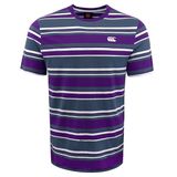 The Canterbury Yarn Dye T-Shirt by Canterbury is a 100% cotton, multicolored striped short-sleeve shirt in shades of purple, blue, and white. It features a small white logo on the front and boasts a classic crew neck design that enhances its timeless appeal for any casual wardrobe.