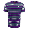 The Canterbury Yarn Dye T-Shirt by Canterbury is a 100% cotton, multicolored striped short-sleeve shirt in shades of purple, blue, and white. It features a small white logo on the front and boasts a classic crew neck design that enhances its timeless appeal for any casual wardrobe.