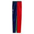 Introducing the Youth Canterbury Harlequin Stadium Trackpant 24 by Canterbury: Features one red leg, one navy leg with a white logo, and a green stripe along the sides. Perfect for making a bold statement in both style and comfort.