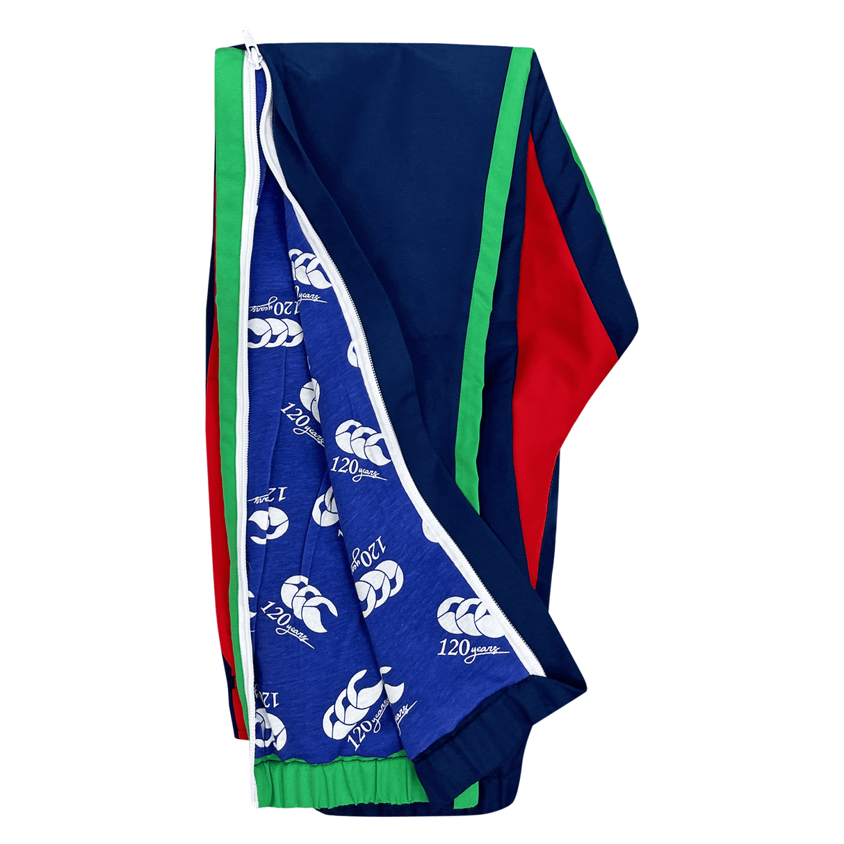 This folded blue and green zip-up jacket with red accents features a 120th anniversary print and claw logo. It pairs beautifully with Canterbury's Youth Canterbury Harlequin Stadium Trackpant 24, blending tradition with modern comfort.