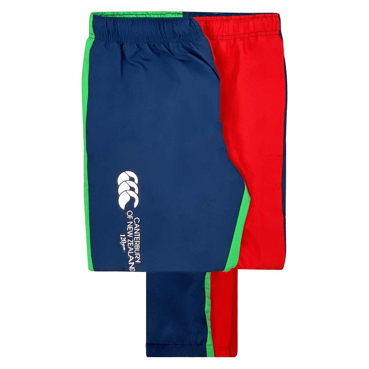 The Youth Canterbury Harlequin Stadium Trackpant 24 features two-tone design with one leg in blue with green accents and a white Canterbury logo, and the other leg in solid red, adding vibrancy to any athletic wardrobe.