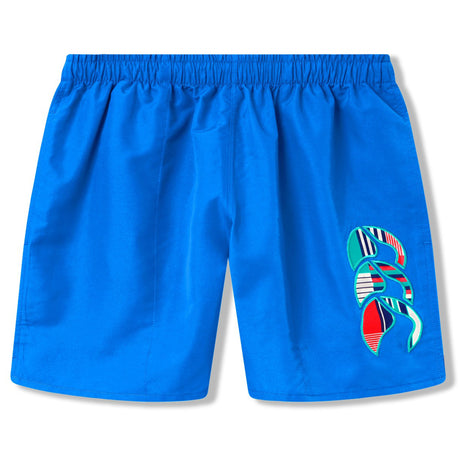 The Canterbury Uglies Tactic Short features a bright blue design, elastic waistband, and an abstract leaf print on the lower right leg—ideal for rugby training or casual wear.