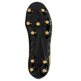 The Canterbury Speed Falcon Team FG - Black rugby boots by Canterbury feature a black firm-ground sole with eight gold-colored studs and a subtle gold line design.