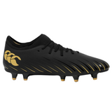 The Canterbury Speed Falcon Team FG - Black is a firm-ground rugby boot with gold accents, laces, studs, a gold heel logo, and diagonal side lines—ideal for players who want standout style and performance.