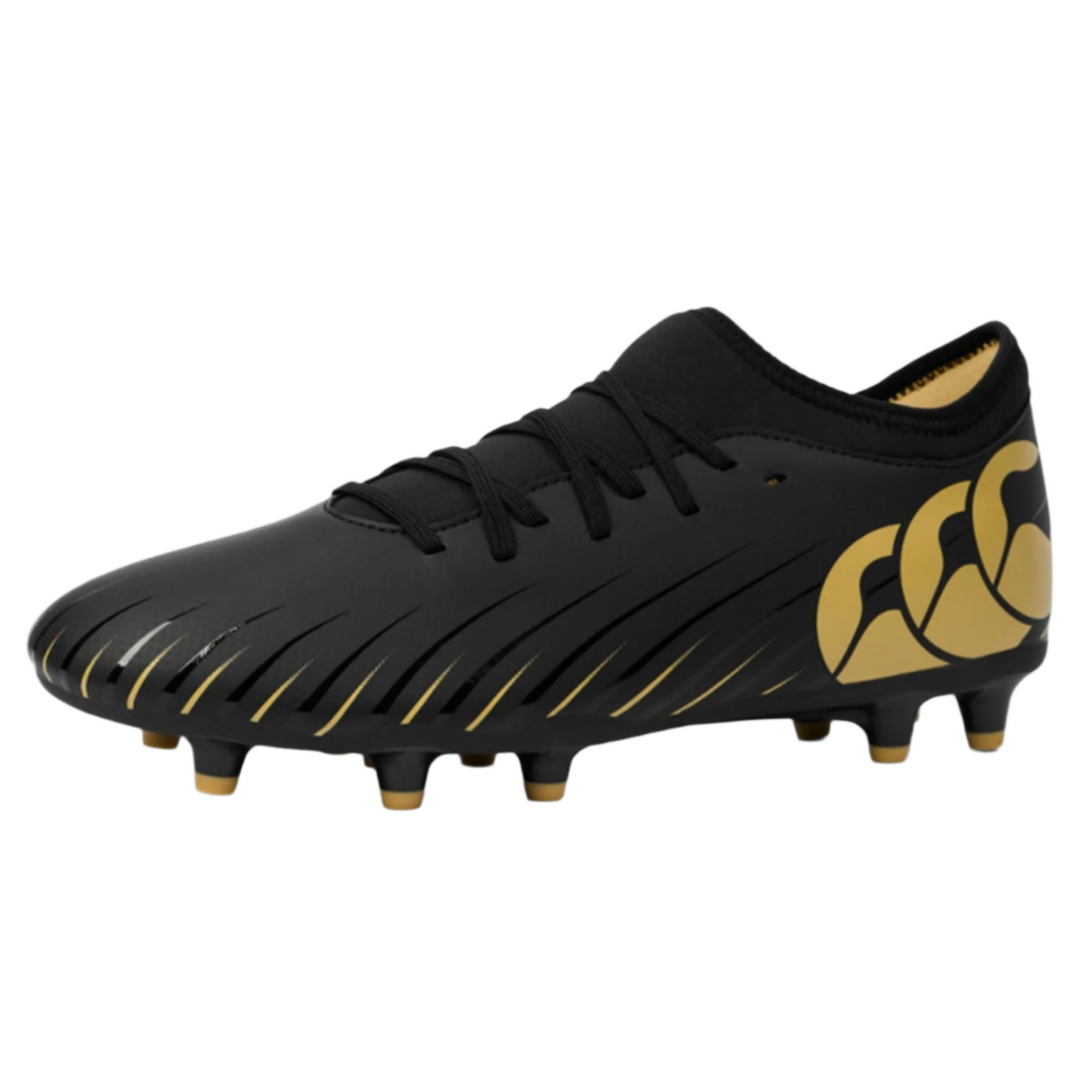 The Canterbury Speed Falcon Team FG - Black is a black and gold firm-ground boot featuring a lace-up design, textured surface, molded studs for traction, and a prominent gold Canterbury logo on the side.