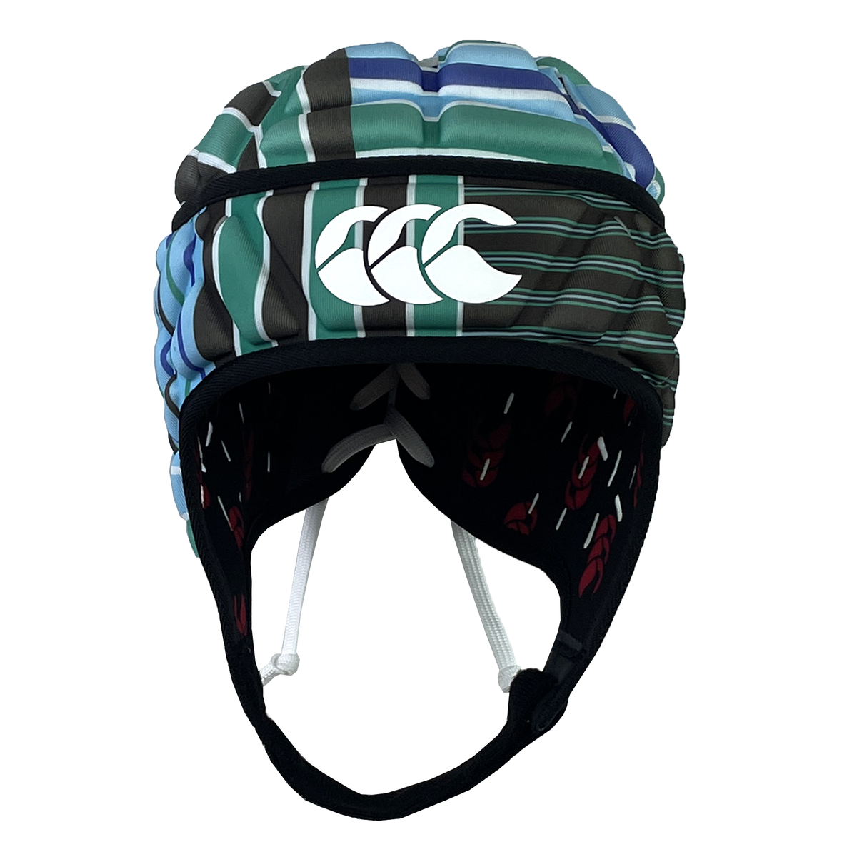 The Raze LE Uglies Headguard by Canterbury displays a multicolored striped design with the iconic CCC logo on the front.