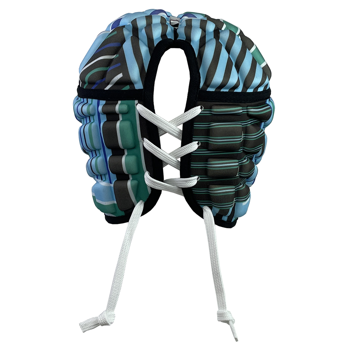 A multi-colored, padded costume resembling a vest with blue, green, and black stripes and white front laces is perfectly paired with the Canterbury Raze LE Uglies Headguard to complete its vibrant ensemble.