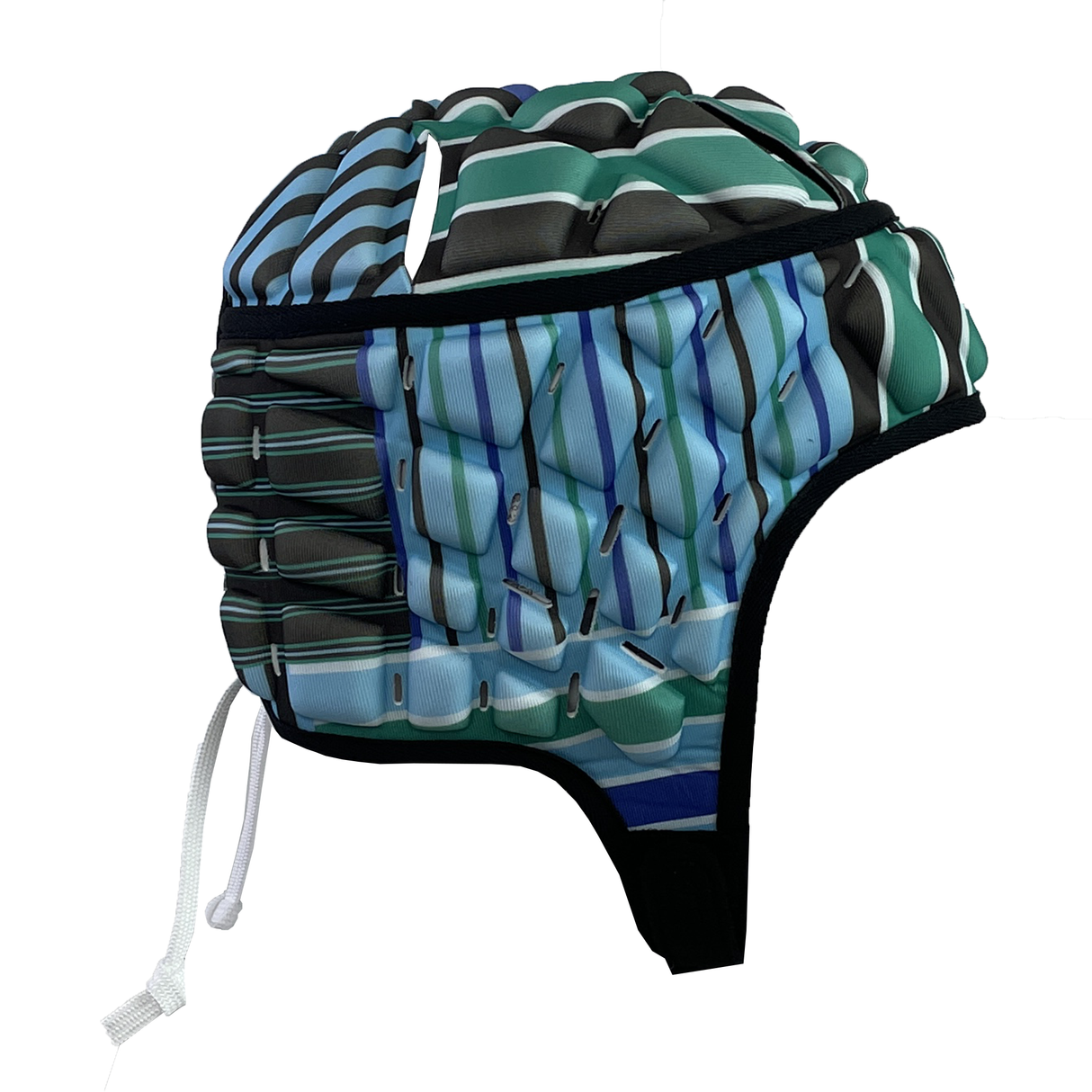 The Raze LE Uglies Headguard by Canterbury features a multicolor striped design in blue, green, and black with a secure chin strap for optimal protection.