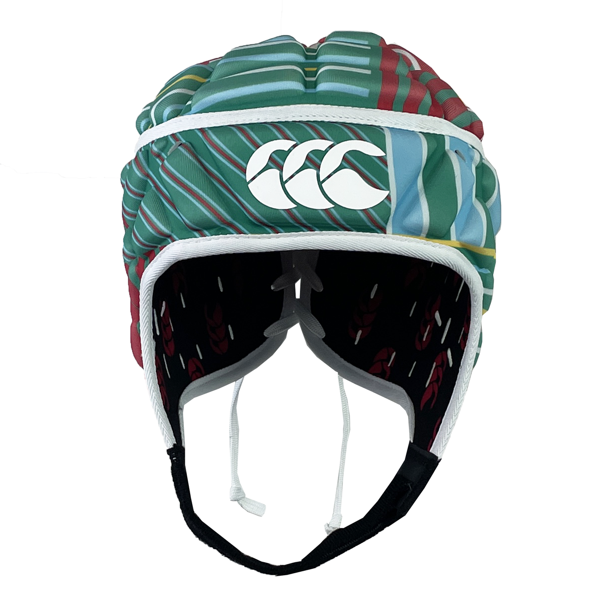 The Raze LE Uglies Headguard by Canterbury is a multicolored rugby scrum cap with a white interior, black chin strap, and logo featuring three overlapping white curves.
