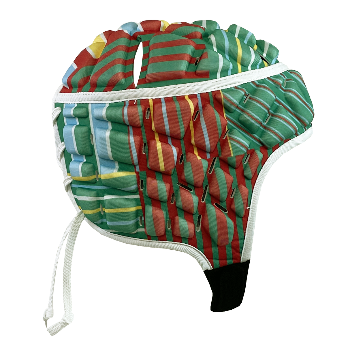 The Raze LE Uglies Headguard by Canterbury, featuring a colorful pattern with chamber-like segments and a white strap, is showcased against a white background, reflecting its unique style.
