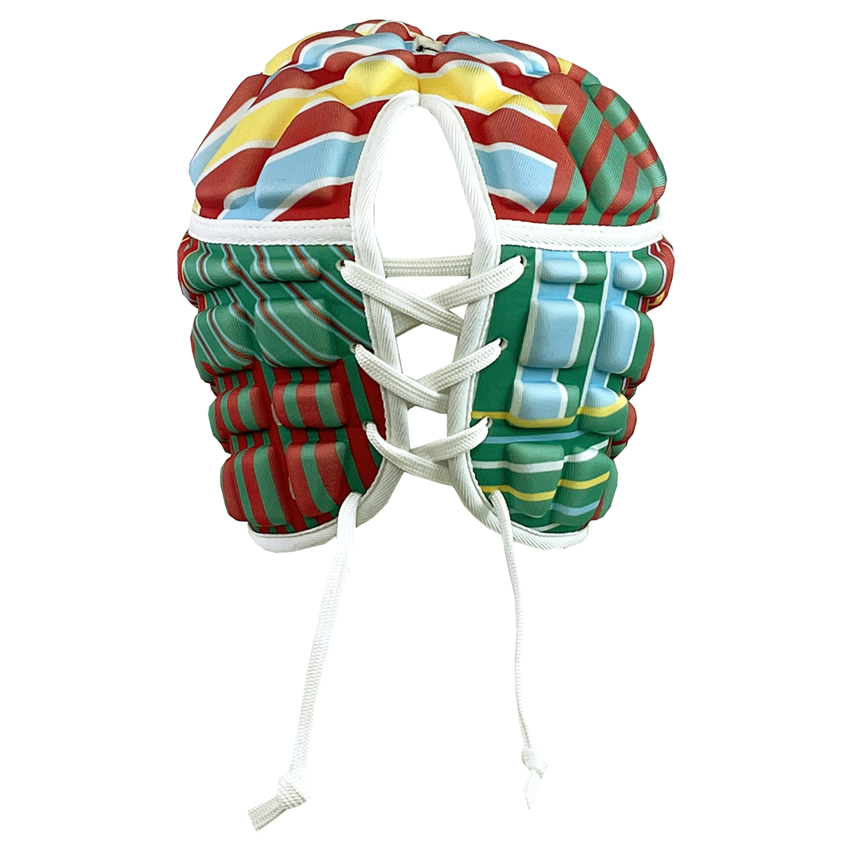 The Raze LE Uglies Headguard by Canterbury is a padded sports helmet with colorful stripes, adorned with white front laces and sections of vibrant red, yellow, blue, and green.