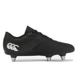 The Junior Canterbury Raze SG Boot by Canterbury is a black youth rugby boot with metal studs and a white logo on the heel, shown in side profile against a plain white background.