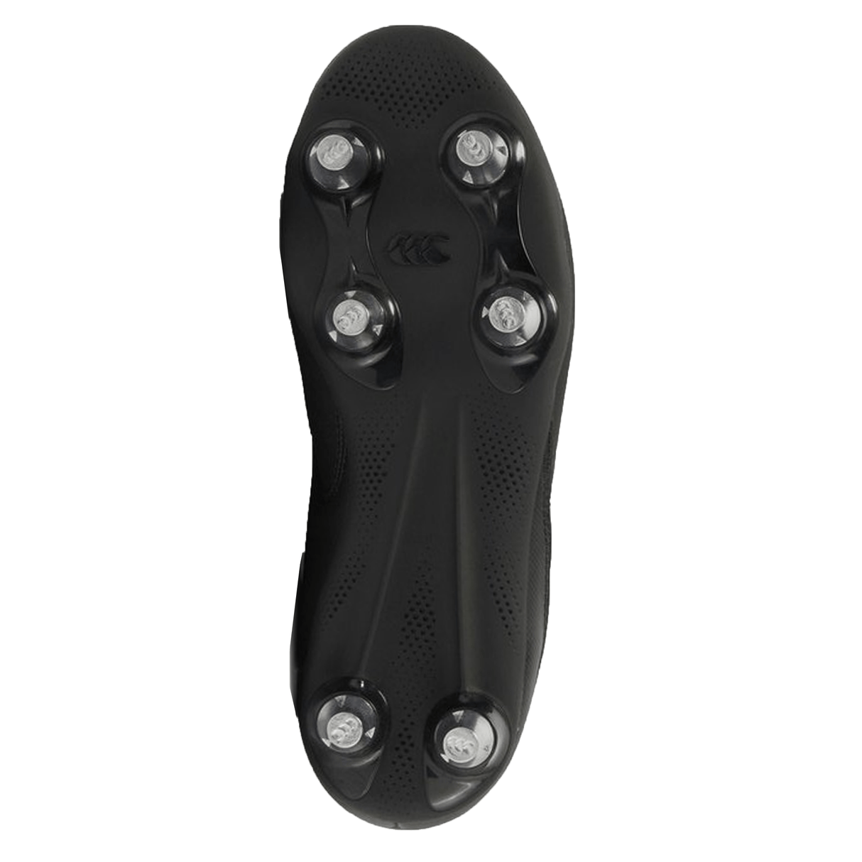 The Canterbury Junior Raze SG Boot in black/white features a six-stud sole for optimal soft-ground traction, textured grip patterns, and a central logo—designed especially for young rugby players.