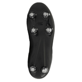 The Canterbury Junior Raze SG Boot in black/white features a six-stud sole for optimal soft-ground traction, textured grip patterns, and a central logo—designed especially for young rugby players.