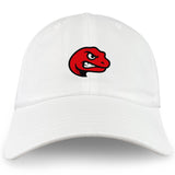 The Angry Newts Adult Low-Profile Cotton Twill Dad Cap by EMB S&S Activewear is a white dad hat with a red, cartoon-style angry dinosaur head logo embroidered on the front.