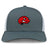 The Angry Newts Retro Trucker Cap by EMB S&S Activewear is a gray and white snapback featuring an embroidered red cartoon dinosaur head with an aggressive expression on the front.