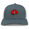 The Angry Newts Retro Trucker Cap by EMB S&S Activewear is a gray and white snapback featuring an embroidered red cartoon dinosaur head with an aggressive expression on the front.