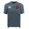 The Angry Newts Vapodri Evader Jersey by EMB Canterbury is a gray short-sleeve rugby top with a white Canterbury logo on the right chest, red snake head emblem on the left, and moisture-wicking tech for comfort.