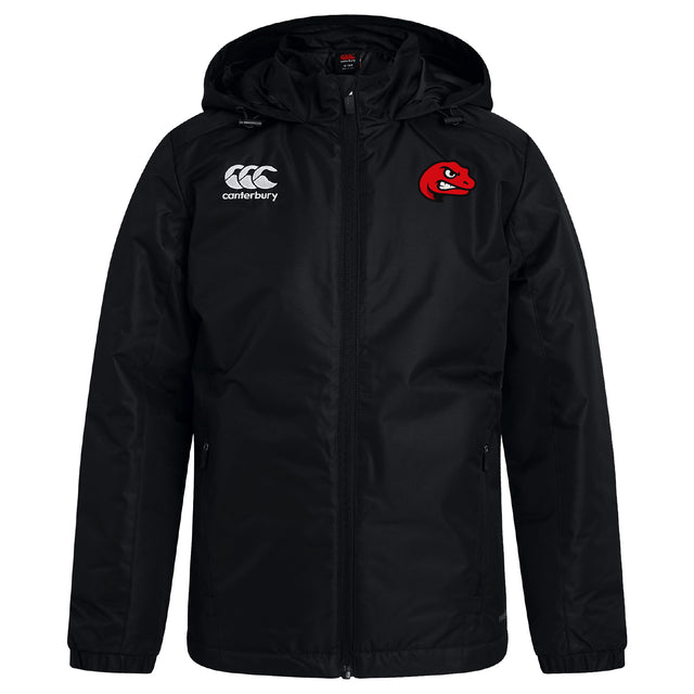 The Angry Newts Club Vaposhield Stadium Jacket by EMB Canterbury features a zip front, white Canterbury logo on the right chest, red cartoon dragon logo on the left chest, and water-repellent fabric to keep you dry.