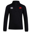 The Angry Newts Club 1/4 Zip Mid Layer Training Top by EMB Canterbury features black long sleeves, a white Canterbury logo right chest, and a red stylized snake head left—perfect as custom rugby apparel or your go-to training top.