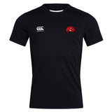 The Angry Newts Club Dry Tee by EMB Canterbury is a black short-sleeve athletic shirt featuring a white "Canterbury" logo on the right chest, a red cartoon dinosaur head on the left, and Vapodri tech for breathable comfort.