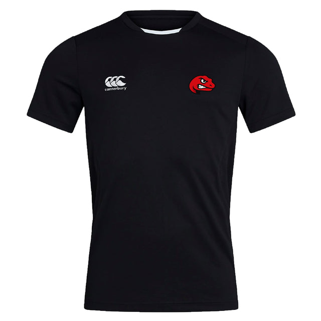 The Angry Newts Club Dry Tee by EMB Canterbury is a black short-sleeve athletic shirt featuring a white "Canterbury" logo on the right chest, a red cartoon dinosaur head on the left, and Vapodri tech for breathable comfort.