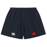 The Angry Newts Yokohama Short by EMB Canterbury is navy blue with an elastic waistband, a white Canterbury logo on the left leg, and a red Angry Newts snake head logo on the right leg.