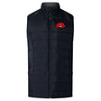 The EMB Canterbury Angry Newts Elite Microlite Gilet is a black insulated sports vest with a front zipper and red snake head logo on the upper left chest, offering warmth and mobility in a stylish hybrid design.